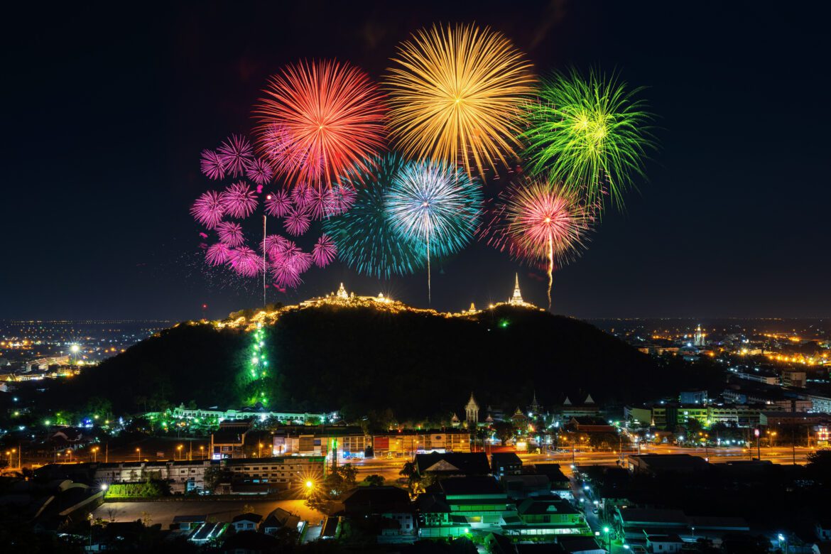 Phra Nakorn Kiri firework festival at night in Phetchaburi, Thai celebration