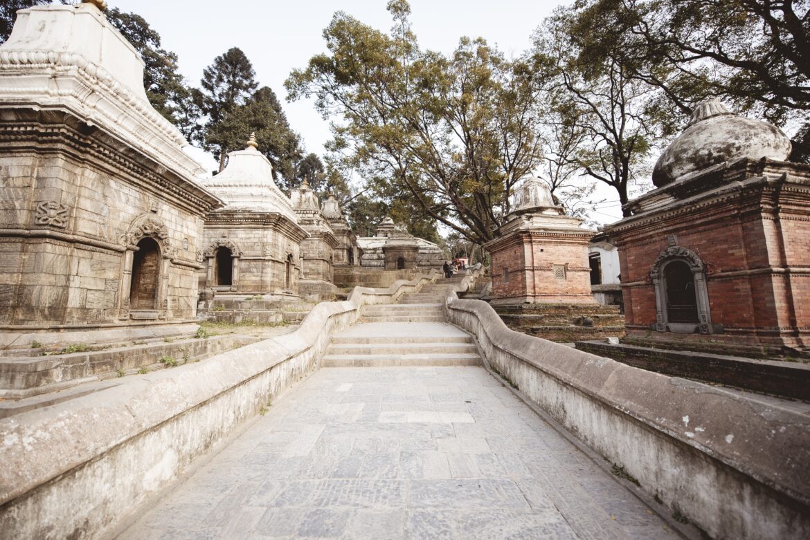 Staircase in the middle of small structures at a Hindu temple in Nepal